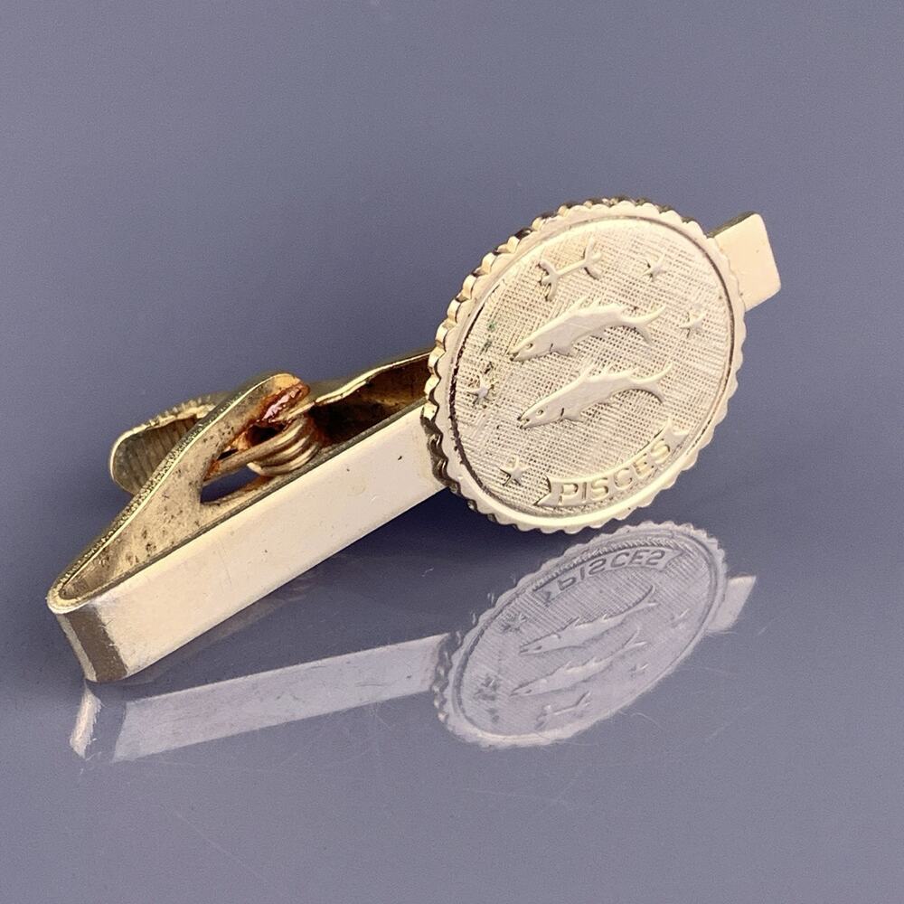 Pisces Fish Water Tie Clip Bar Gold Tone Astrology Sign Zodiac Horoscope Vintage
